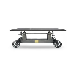 Industrial Trolley Dining Table - Iron Wheels - Adjustable - Ebony Top