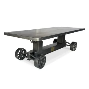 Industrial Trolley Dining Table - Iron Wheels - Adjustable - 8 ft Steel Top