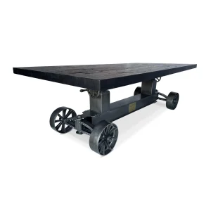 Industrial Trolley Dining Table - Iron Wheels - Adjustable - 8 ft Rustic Ebony