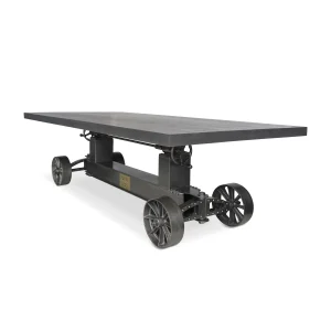 Industrial Trolley Dining Table - Iron Wheels - Adjustable - 8 ft Gray Top