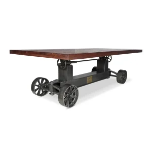 Industrial Trolley Dining Table - Iron Wheels - Adjustable - 8ft Rustic Mahogany