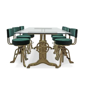 Frederick Adjustable Height Gold Dining Table Set - Velvet Seats - Glass Top