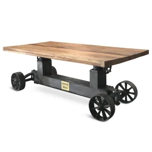 Industrial Trolley Dining Table - Iron Wheels Adjustable Crank - Natural Rustic