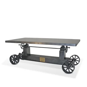 Industrial Trolley Dining Table - Iron Wheels - Adjustable Crank - Steel Top