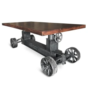 Industrial Trolley Dining Table - Iron Wheels Adjustable Height - Walnut