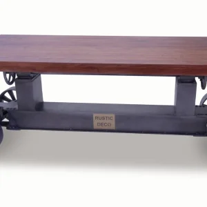 Industrial Trolley Dining Table - Iron Wheels - Adjustable - Provincial Top