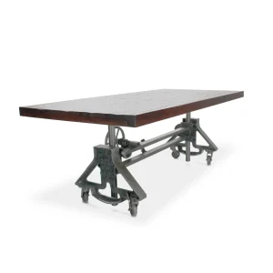 Otis Steel Dining Table - Adjustable Iron Base - Casters - Rustic Mahogany